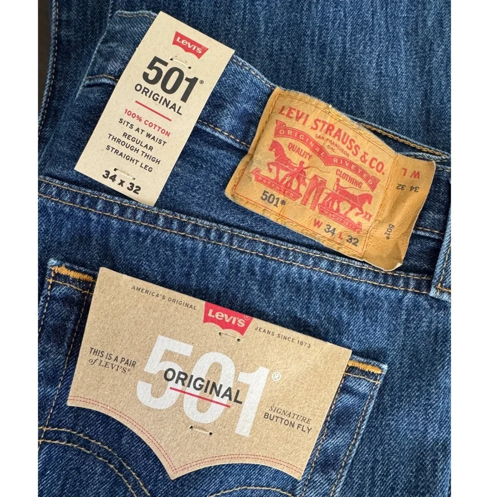 NWT Levis 501 Original‎ Fit Mens Button Fly Jeans Dark Wash 34x32